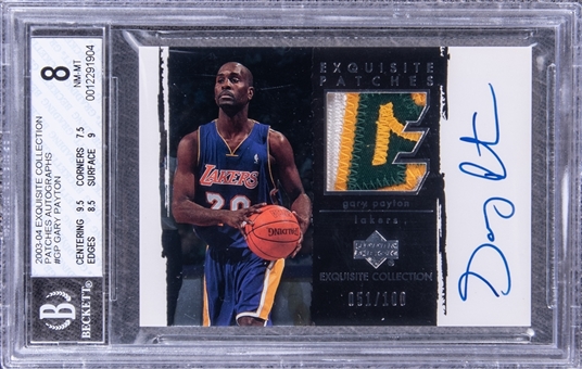 2003-04 UD "Exquisite Collection" Patches Autographs #GP Gary Payton Signed Game Used Patch Card (#051/100) - BGS NM-MT 8/BGS 10